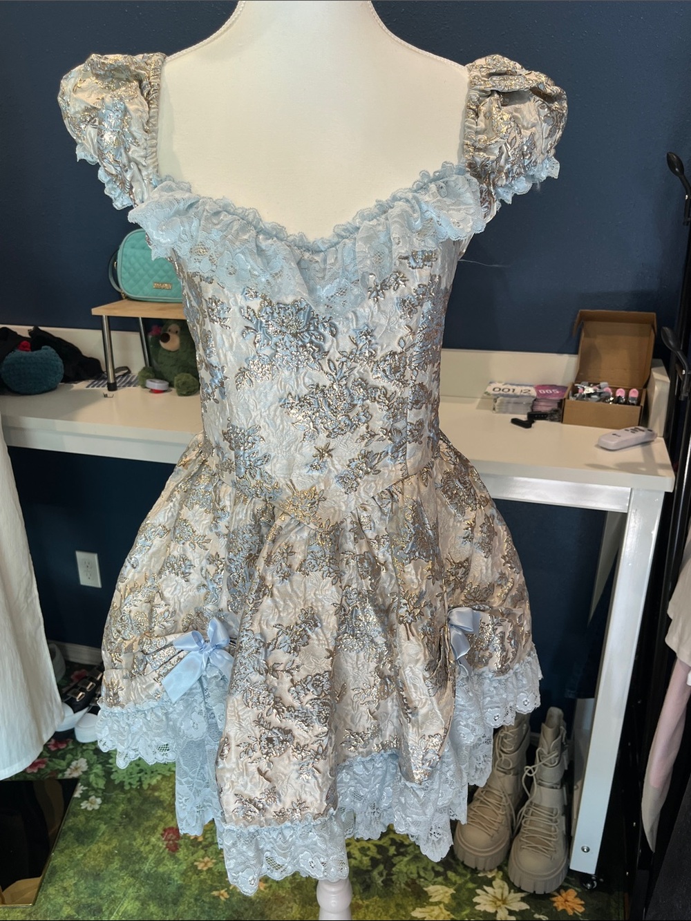 NWOT Sugar Thrillz Light Blue Floral Lace-Trim dress